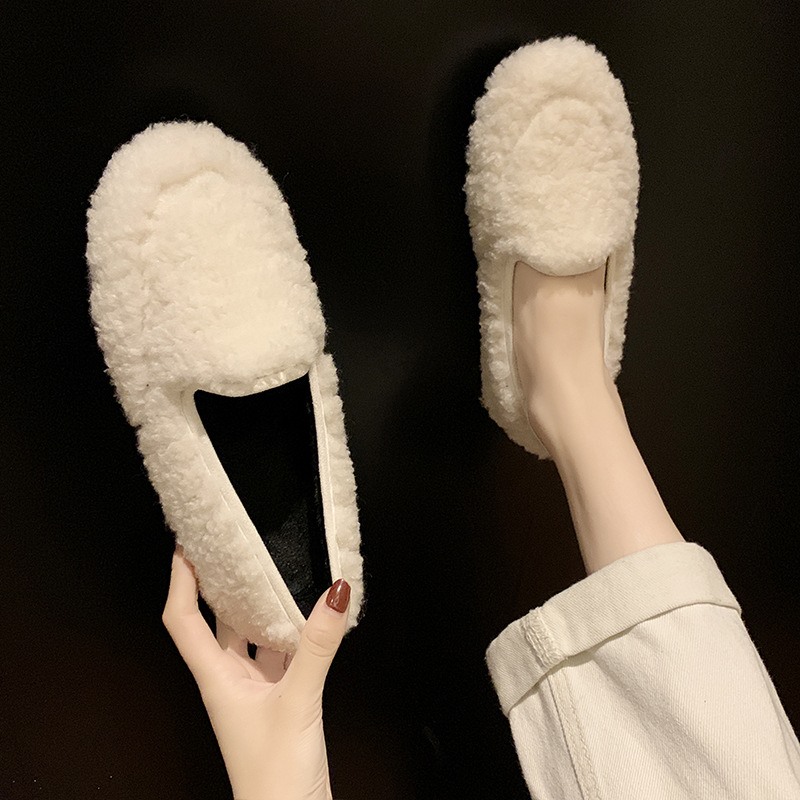 Japanese wool shoes women wear new lamb wool bean shoes all-match one pedal plus velvet cotton scoop shoes