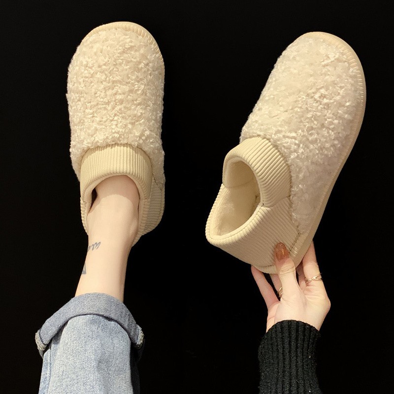 Japan's new net red flat shoes plus velvet warm plush shoes women's outer wear lamb wool lazy beanie shoes