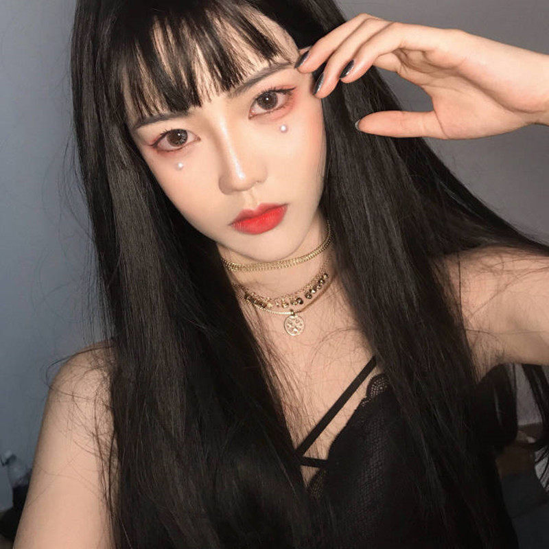 Wig female long hair black long straight hair full headgear type air bangs whole top natural net red medium long hair wig set