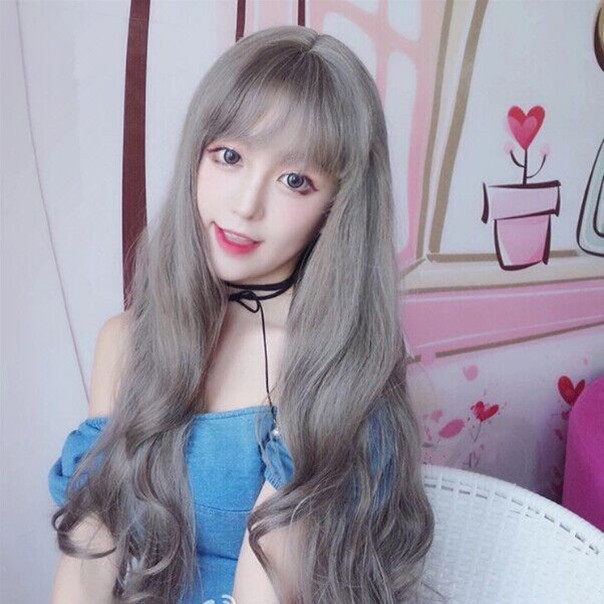 Wig female big wave air bangs full headgear long curly hair thin bangs face repair realistic performance fluffy and natural