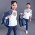 Quần áo trẻ em ngỗng Balabara Quần áo mùa xuân và mùa thu 2020 Cô gái trẻ em quần denim phù hợp với quần áo hai dây - Phù hợp với trẻ em