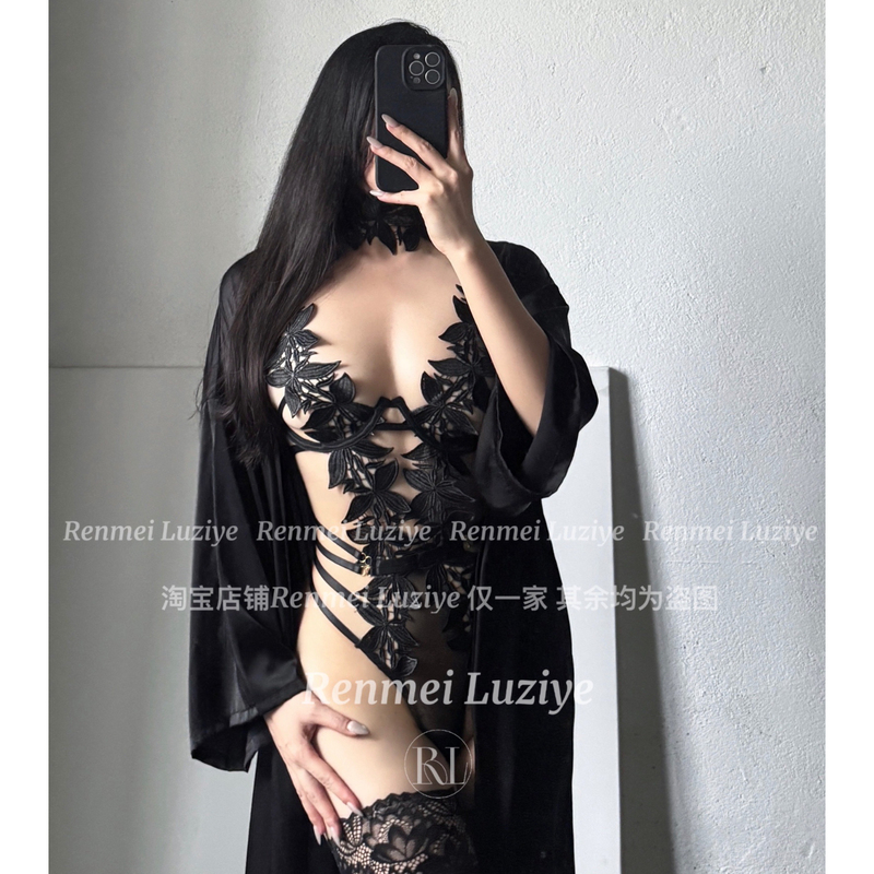 Renmeiluziye【Heartbeat Ripples】High-End Embroidered Hollow-Out Sexy Alluring Crotchless Bodysuit for Layering