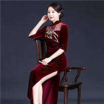 Mom Cheongsam dress thin gold velvet dress lengthened single split fishtail banquet evening dress embroidery solid color
