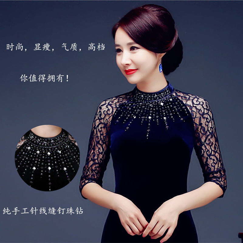 Fashion Improved Gold Velvet Gown Qipao Dress With Long Version Lace Embroidered 70% Sleeves Pure Color High-end Banquet Women's Dress