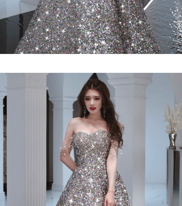 星空亮片晚礼服欧美感轻奢气质名媛派对年会主持人婚纱敬酒服新娘-阿里巴巴