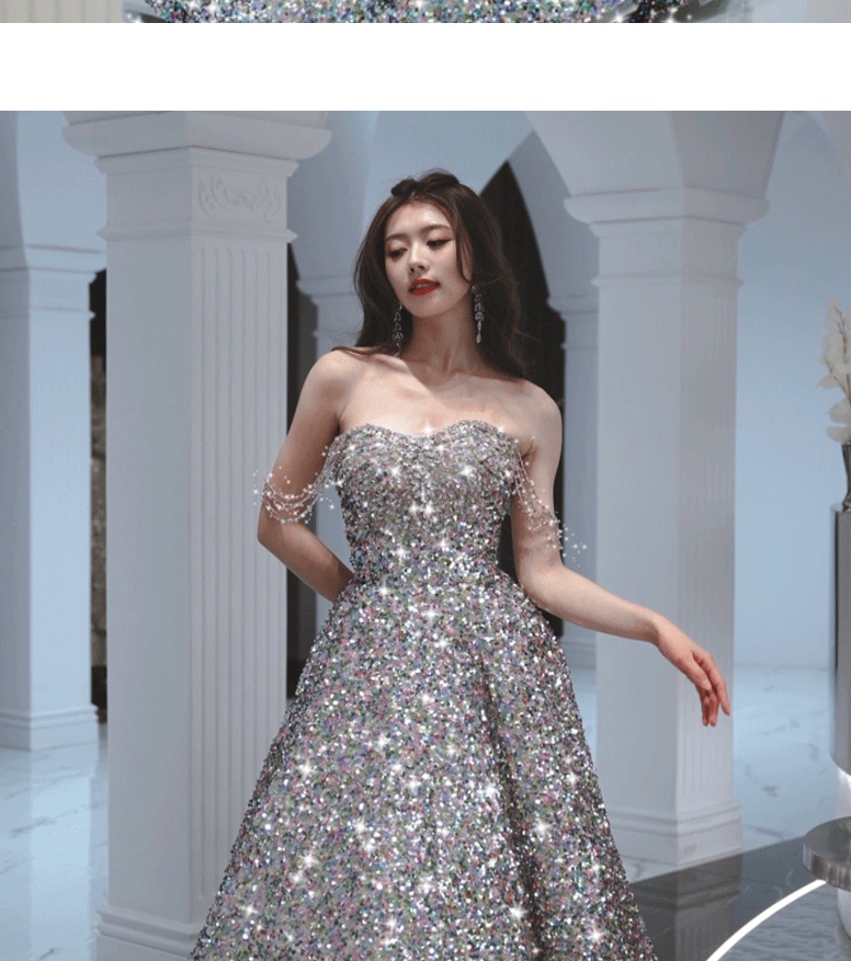 星空亮片晚礼服欧美感轻奢气质名媛派对年会主持人婚纱敬酒服新娘-阿里巴巴