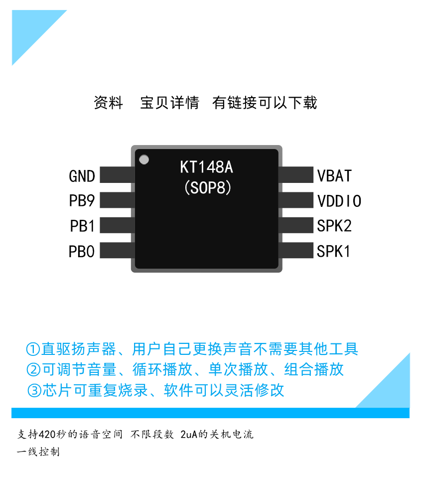 KT148A voice chip ic built-in 420 s space sop8 scheme to repeat burning nine Qi Alternative otp alarm-Taobao