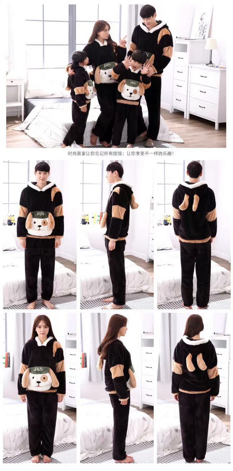 Mùa đông dày sang trọng phim hoạt hình cha mẹ trẻ em đồ ngủ trùm đầu cộng với nhung trẻ em san hô lông cừu gia đình ba bộ quần áo bộ pijama