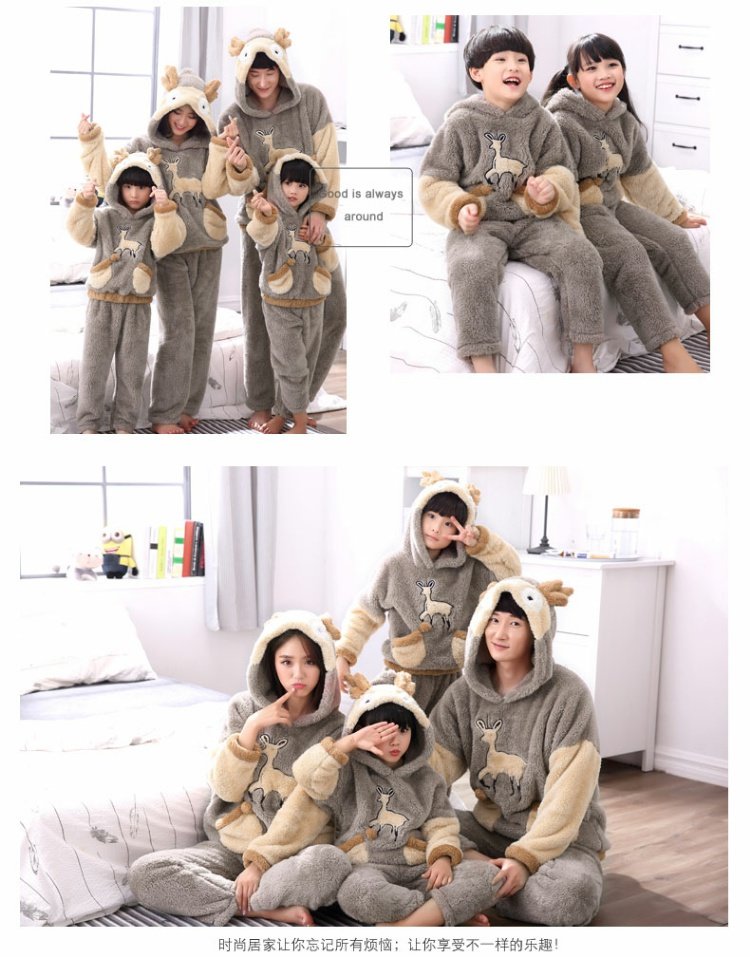 Mùa đông dày sang trọng phim hoạt hình cha mẹ trẻ em đồ ngủ trùm đầu cộng với nhung trẻ em san hô lông cừu gia đình ba bộ quần áo bộ pijama