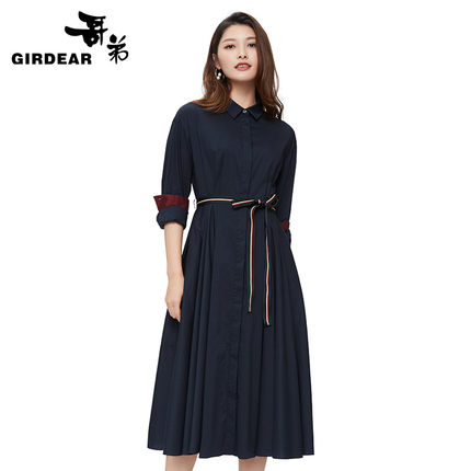 哥弟2018秋季新品POLO领高腰长袖连衣裙大裙