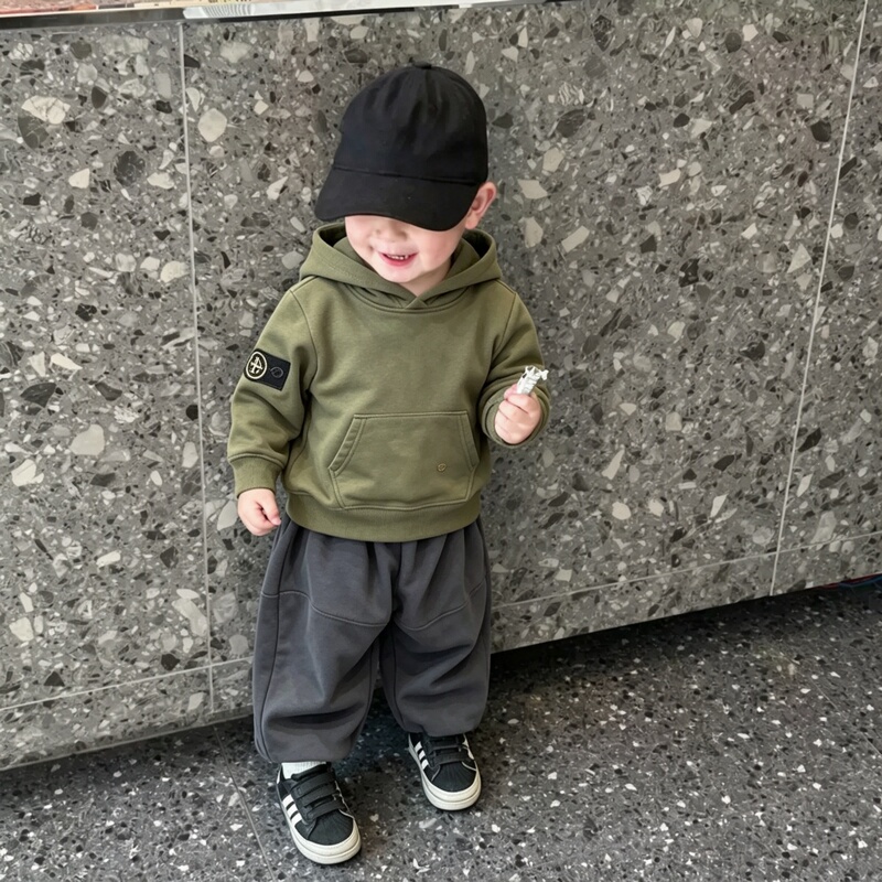 Boys' Sweatshirt with Hood, Autumn 2026 New Style, Children's Green Cool Style, Sporty Casual Long-Sleeve Top for Baby Boys
