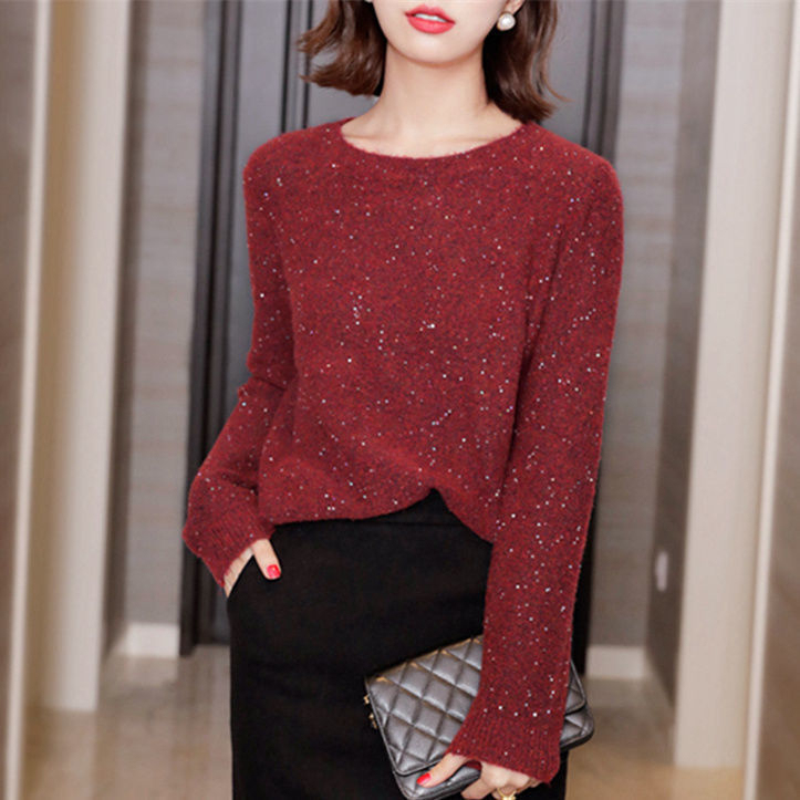 2025 Early Spring Thin Knit Top with Sequins, European Fashion, Shiny Loose Korean Style Base Shirt Sweater