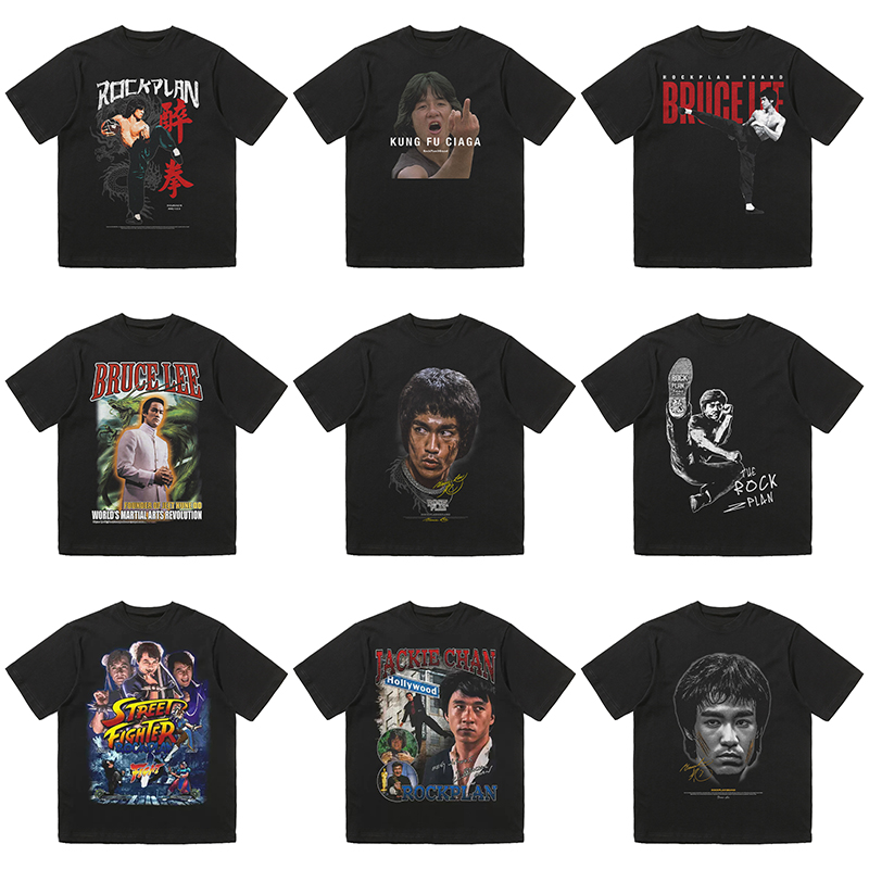 【ブルース・リーとジャッキー・チェンコレクション】HKGNアメリカンブラック半袖Tシャツラウンドネック純綿レトロゆったりトレンドメンズ