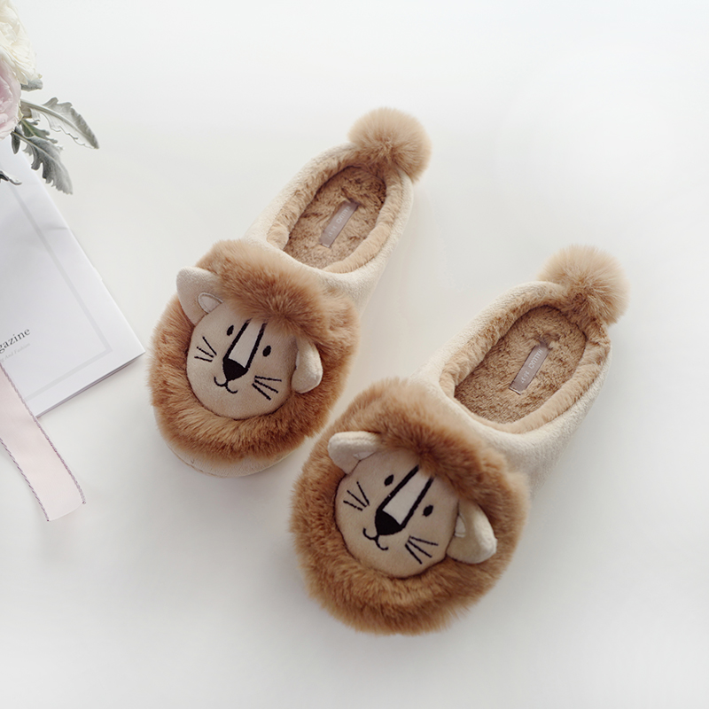 Add Suede Autumn Winter Thickening Warm Small Lions Indoor Warm Slippers Women Rubber Bottom Non-slip Cute Bag Heel Cotton Shoes