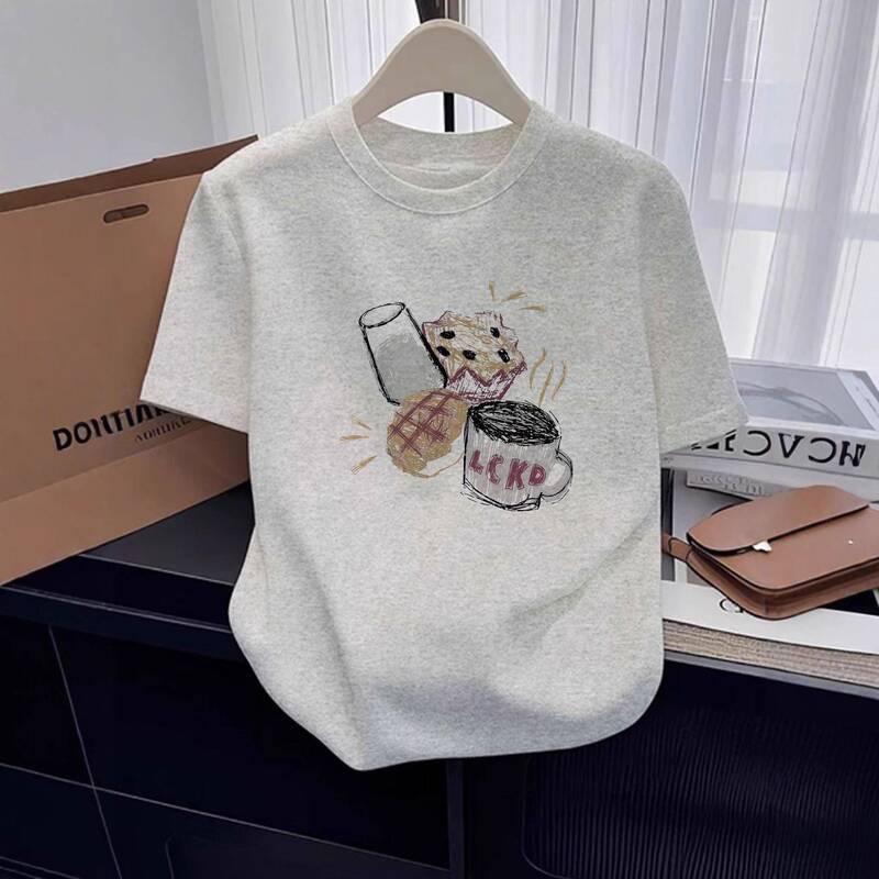 Pima Cotton, Island Cotton, Egyptian Cotton T-Shirt, Seahorse Cotton T-Shirt, White and Gray Pure Cotton Short-Sleeve T-Shirt for Women, New Model This Year