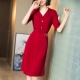 Dài Yuan Chang váy đỏ 2021 mùa hè mới eo thon phù hợp với cổ áo ngắn tay xẻ tà váy nữ 0536 # - A-Line Váy