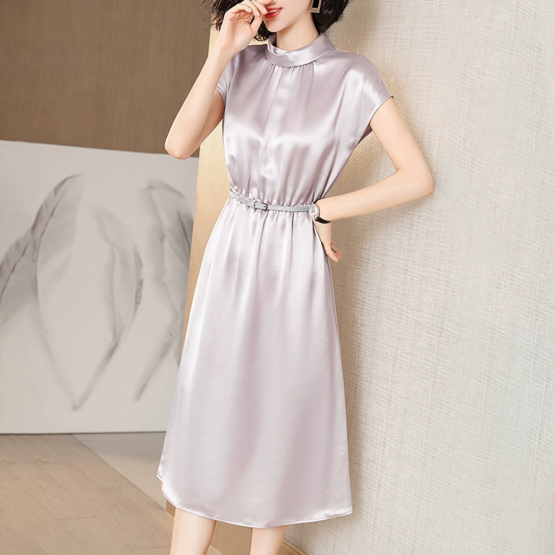 Acetate satin váy phụ nữ 2021 mùa xuân và mùa hè eo eo thanh lịch giảm béo váy ngắn dài tay giữa dài một dòng 7657 - A-Line Váy