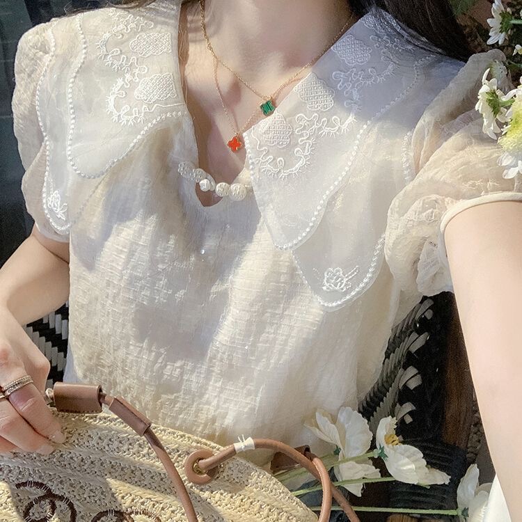 Elegant and Sophisticated Chanel-Style Lace Chiffon Blouse with a Youthful Look, Sweet Embroidery Design, and Stylish Short Sleeves