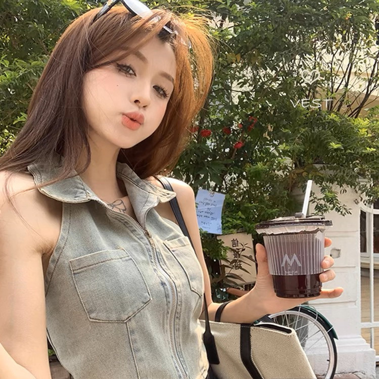 Trendy Polo Collar Denim Halter Neck Slim-Fit Sleeveless Top for Women