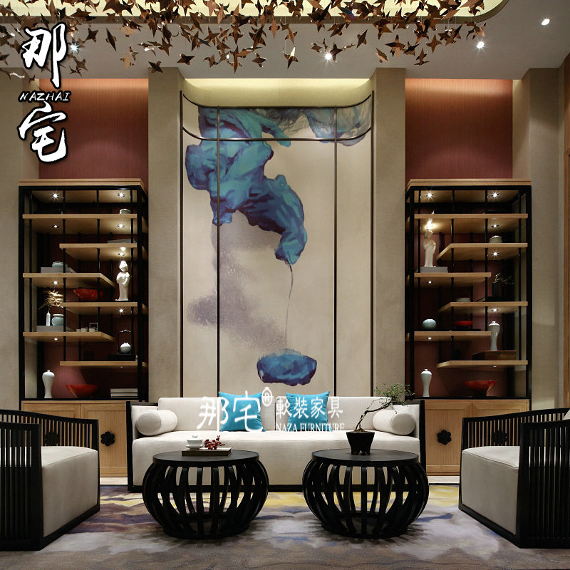 New Chinese sofa Modern Chinese solid wood fabric Sofa Combination Villa-style board room Tea House House Zen furniture