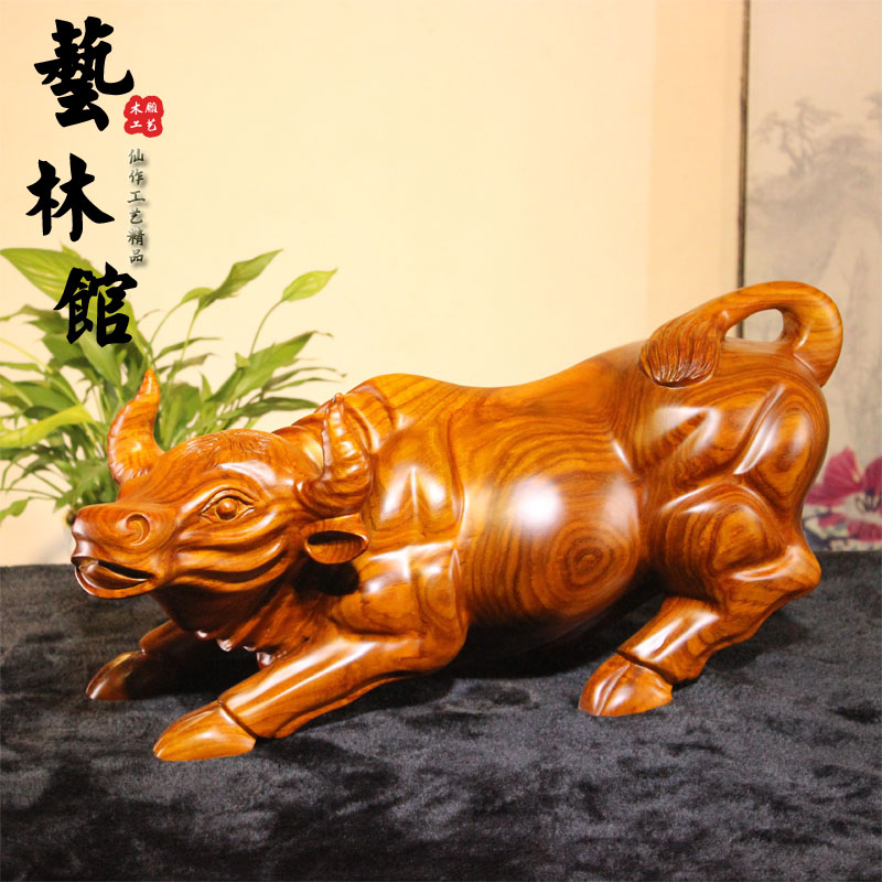 Wood carving cow gas flush with solid wood engraving duozodiac calf red wood craft gift Fortune Feng Shui Swing