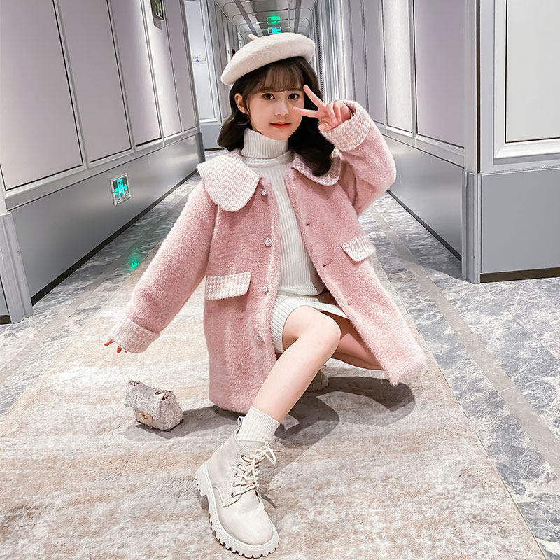 Hong Kong Girl Foreign Pie Mid-length Fur Coats Autumn Winter 2021 New CUHK Child Korean Version Dolls Collar Coat