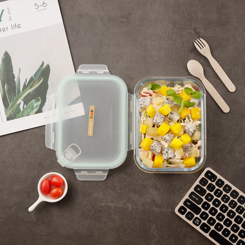 iCook Rectangular glass lunch box Lunch box Microwave oven special preservation box Refrigerator storage box bowl 410ML
