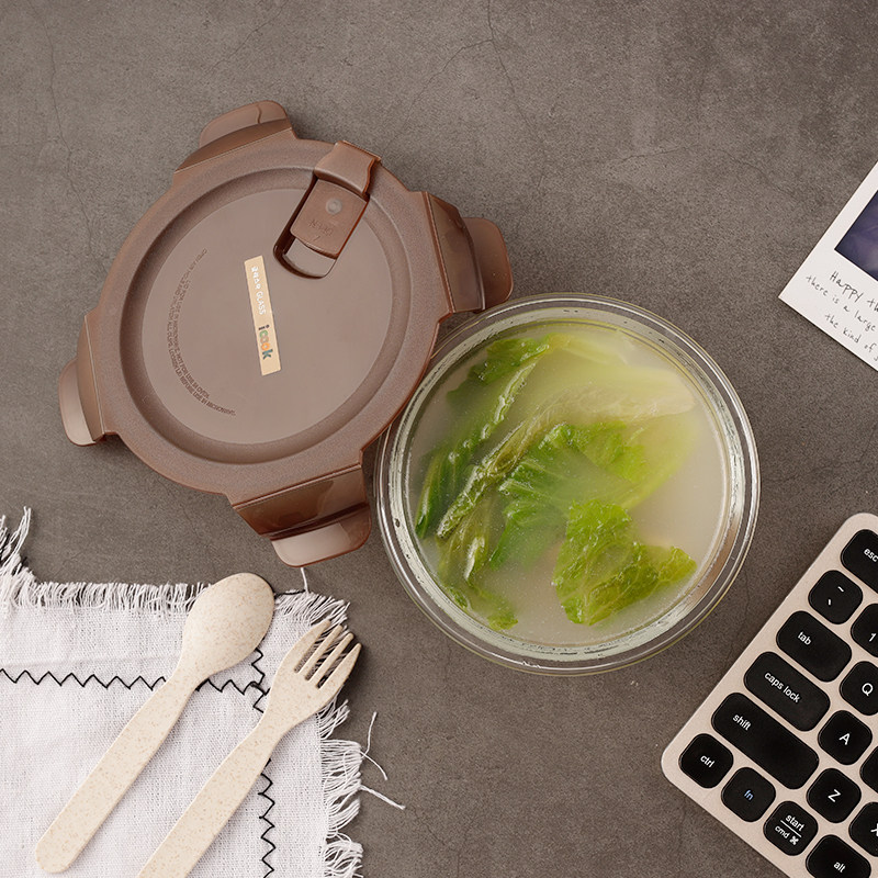 iCook round bowl-shaped glass lunch box Lunch box Microwave oven special preservation box Refrigerator storage box bowl 670ML