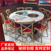 Hot pot table induction stove integrated smoke-free commercial restaurant with table and chairs marble restaurant Barbecue Table Solid Wood Customized