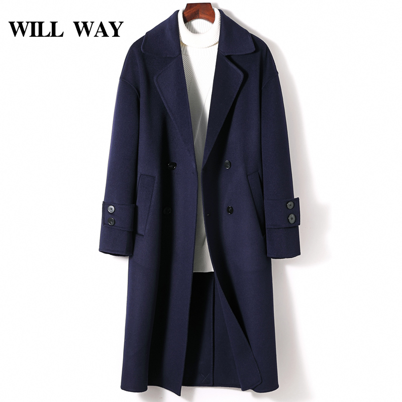 Winter new thickened over-the-knee long cashmere coat men's double-breasted British wind woolen windbreaker woolen coat tide