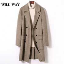 Winter herringbone textured wool coat mens mid-face no cashmere wool big coat thickened windcoat double-row buckle