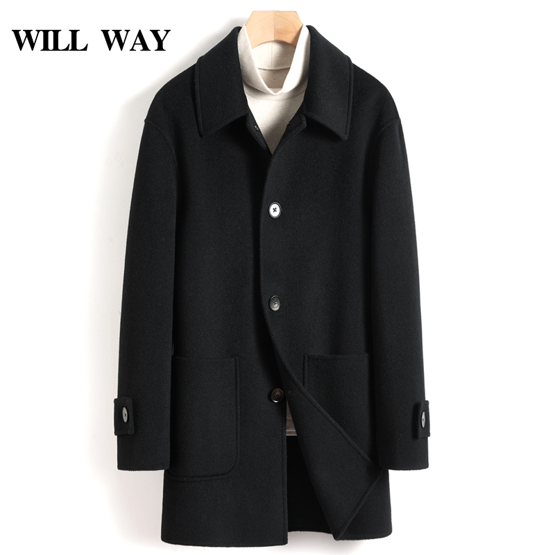 Autumn and winter new business casual wool lapel woolen coat men's medium and long version thickened warm double-sided cashmere coat