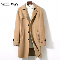 Mens dress Double face Wool Coat Jacket Mid long winter suit collar Inn cashless wool The wind is trendy