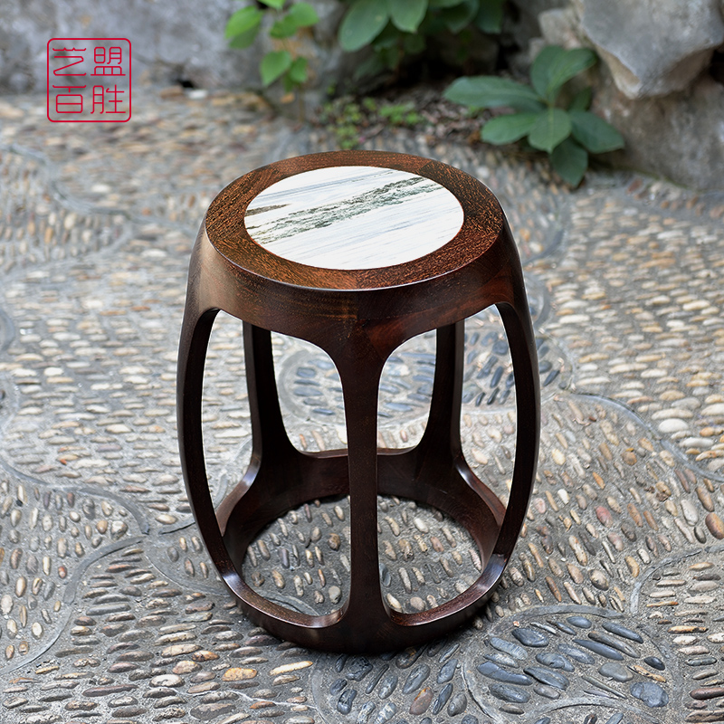 Yumeng Zambia blood sandalwood drum stool Five-legged inlaid marble solid wood round stool Classical embroidered pier shoe stool