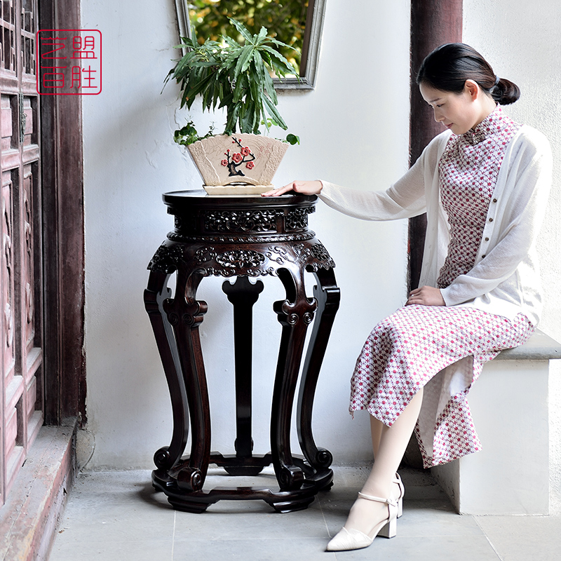 Art franchise Hundred Wins Zambia Blood Honolulu Inlaid Clouds Stone Aromas of Ming and Qing Classic Carved Flowers with tugs of 5-foot circular flower racks