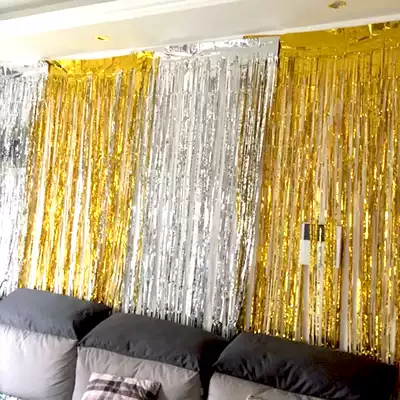 Event birthday party wedding room party decoration gold and silver rain curtain photo background wall dress hanging decoration