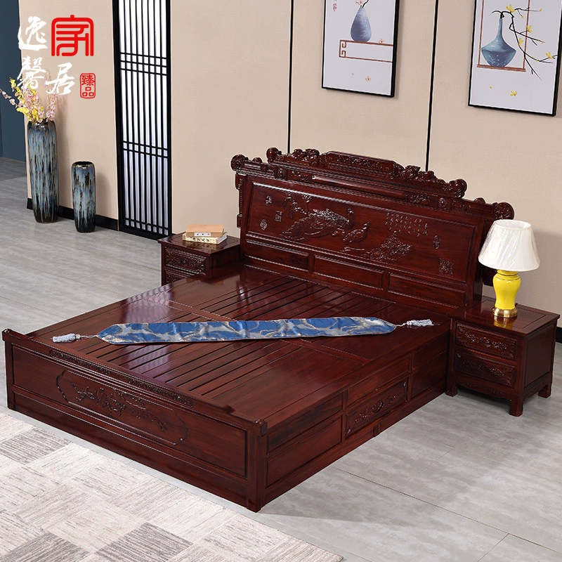 Yixin gỗ cẩm lai châu Phi nguồn tài chính cuồn cuộn Giường đôi 1,8m gỗ gụ Trung Quốc Nội thất giường cưới bằng gỗ rắn - Giường