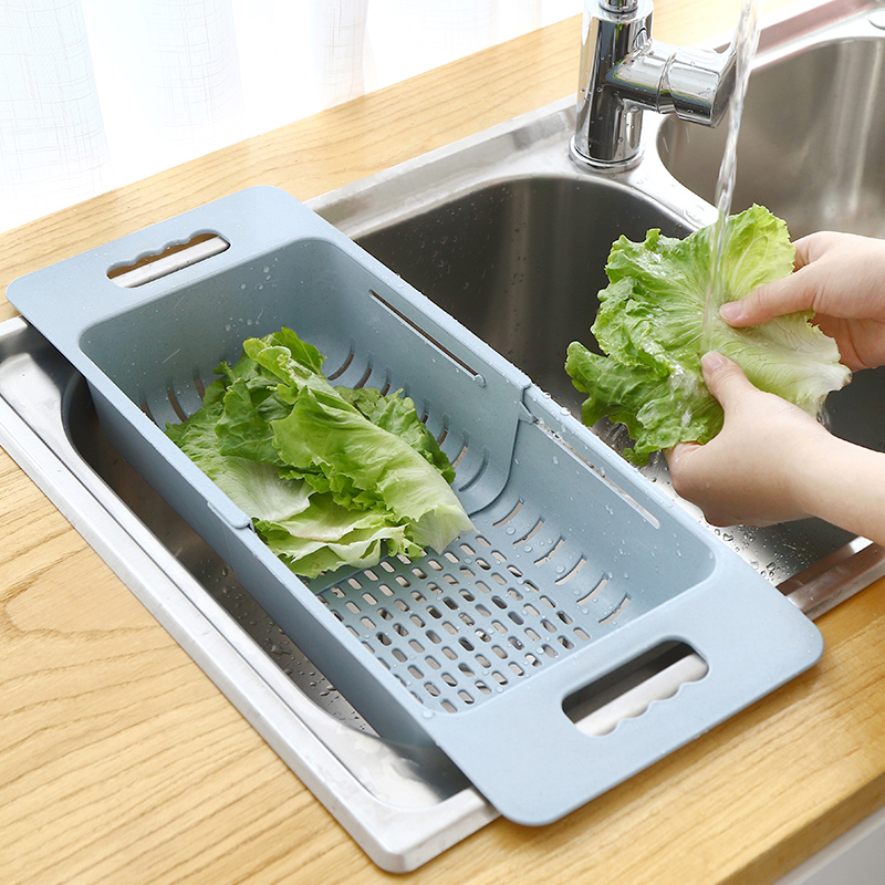 Retractable washing basin Amoy basin drain basket Rectangular plastic fruit plate Household kitchen sink dishwashing storage