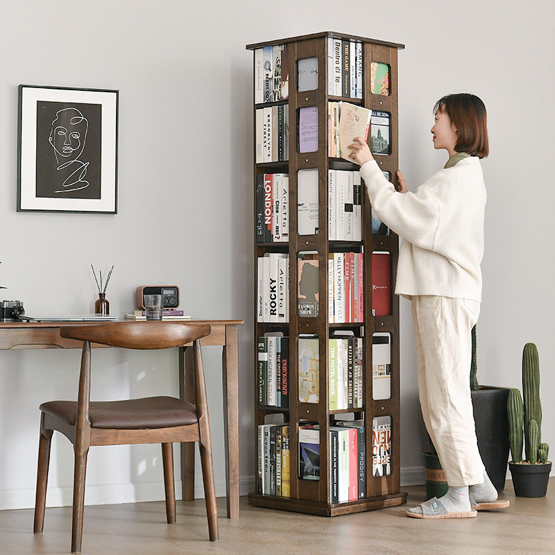 Solid wood bookshelves rotating bookcase moving children's simple household living room corner shelf with wheel small bookcase