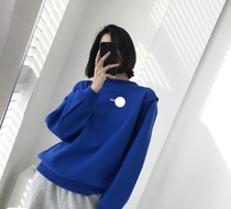 Spot * ad * er pinch-folding process printed blue round neck pullover sweater
