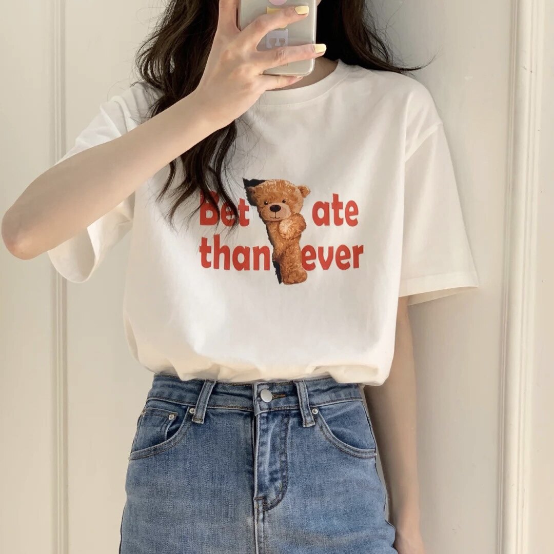Spot Korean helve * tica with the same bear letters cute printed short-sleeved T-shirt spring and summer