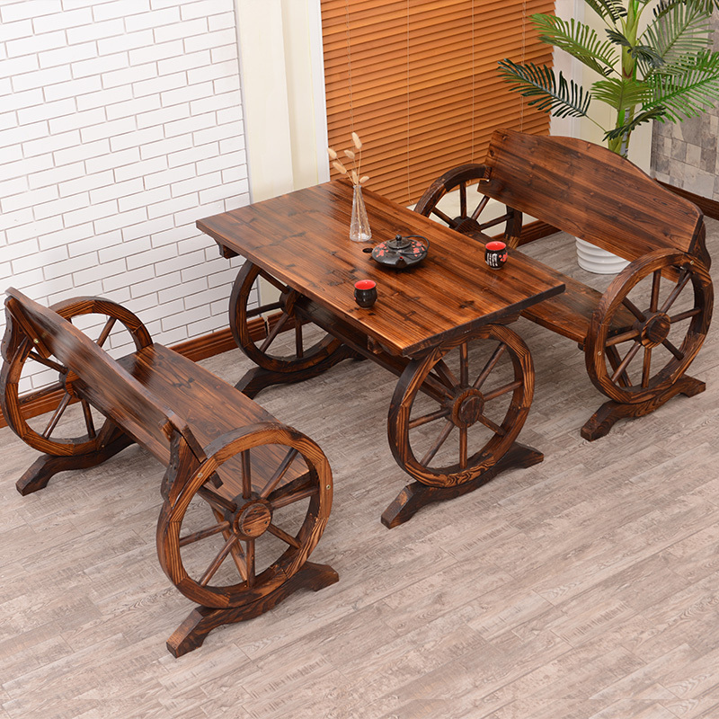 Outdoor Leisure Solid Wood Tables and Chairs Balcony Bar Carbonized Wood Wheel Tables and Chairs Courtyard Outdoor Tables and Chairs Set Combination