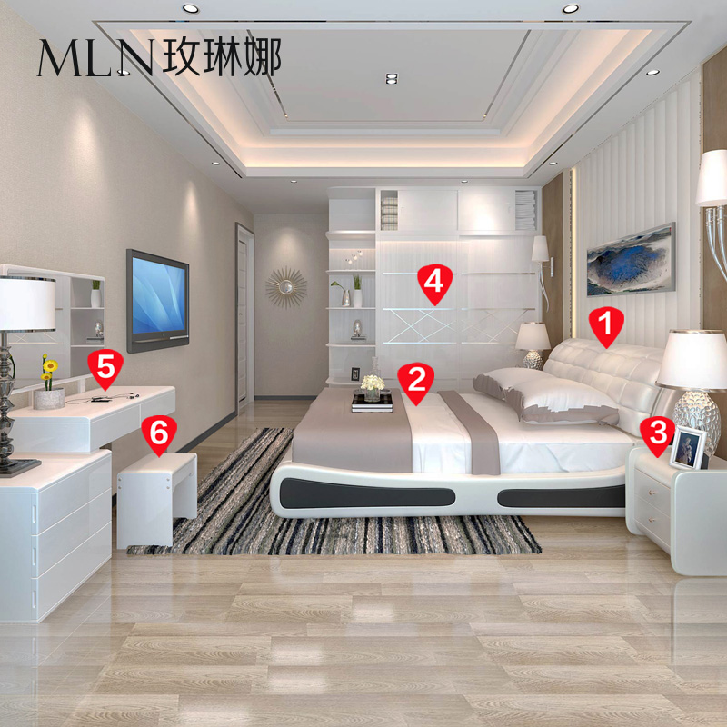 Maryna Modern Minimalist Bedroom Wedding Room Furniture Set Combination Leather Art Soft Bed Retractable Dressing Table Sliding Door Wardrobe