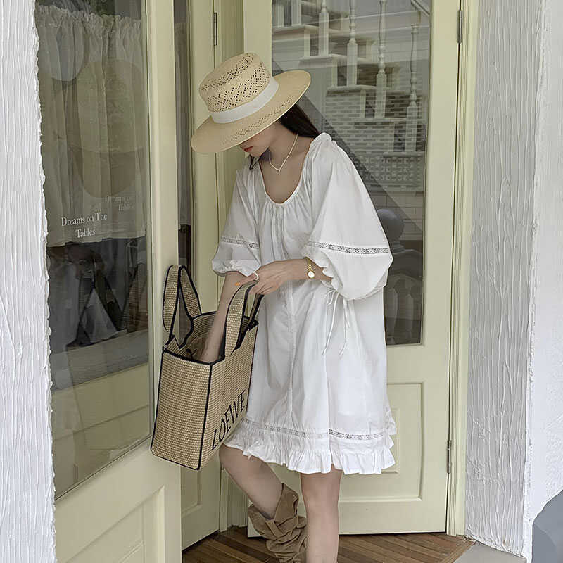 White Shirt-Style Babydoll Top for Petite Women, 2026 Summer Korean Style, Lazy Hollow-Out Embroidered Puff Sleeve Dress
