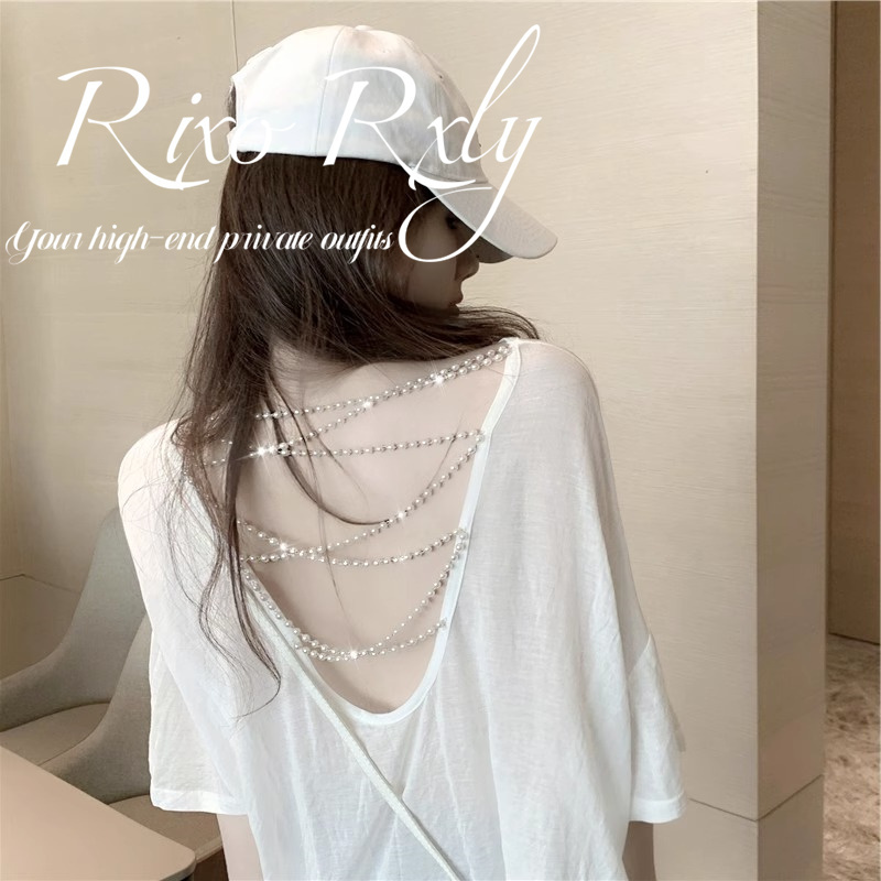 Rixo Rxly French Style Backless Beaded Short-Sleeved Shirt for Women in Spring and Summer Niche Design Sweet and Sexy Top