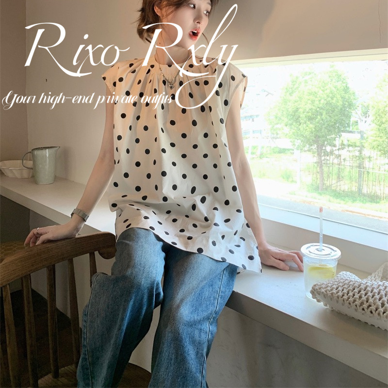 Rixo Rxly Polka Dot Flutter Sleeve Mid-Length Slit Shirt for Women, Spring and Summer Niche Design Casual Top