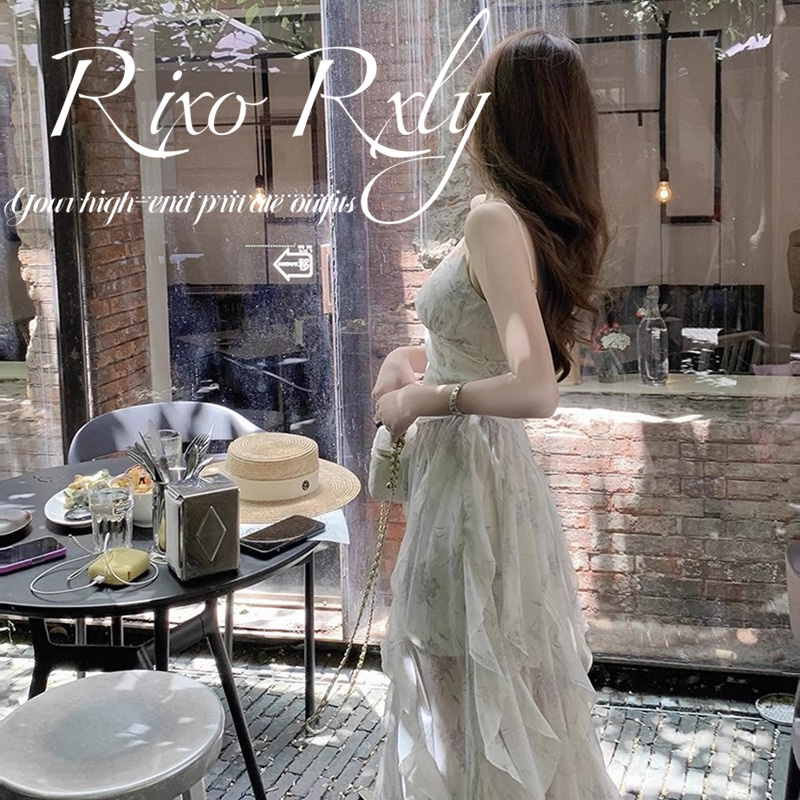 Rixo Rxly French Ruffled V-Neck Spaghetti Strap Dress for Women, Summer Niche Design, Waist-Cinching, Elegant Long Dress