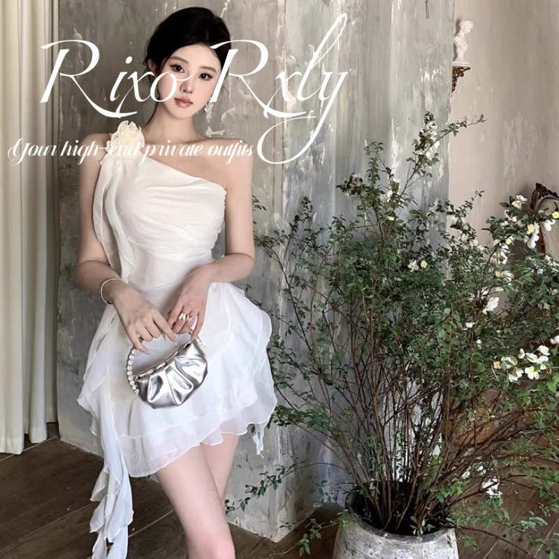 Rixo Rxly French White Off-Shoulder Ruffled Dress for Women, Summer Niche Waist-Cinching Slimming Short Skirt