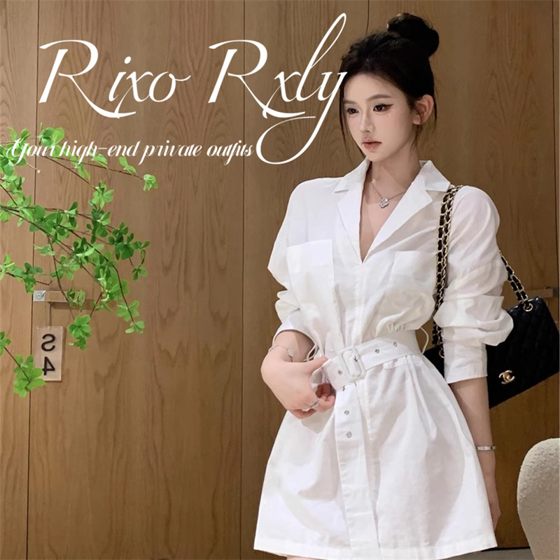 Rixo Rxly French V-Neck Long-Sleeved Shirt Dress for Women, Summer Niche Design, Waist Slimming A-Line Skirt