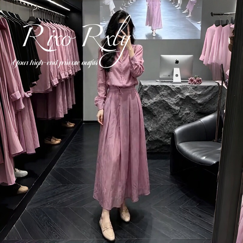 Rixo Rxly Bean Paste Pink Set-Style Dress for Women, Spring and Autumn, Stand Collar, Long Sleeves, Waist-Cinching, Flared, Slimming Long Dress